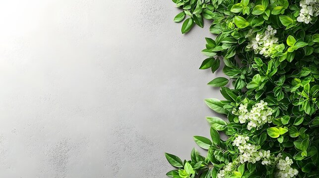 Closeup of flourishing green foliage with delicate white flowers against a plain neutral background  Natural botanical scene with a serene peaceful ambiance