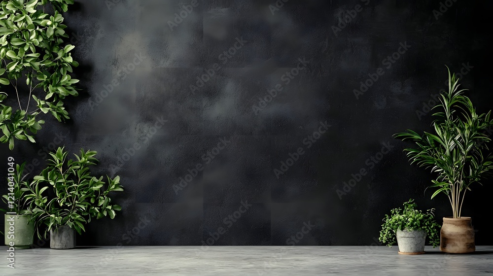 Poster potted green plants such as herbs or houseplants displayed on a dark minimal background with empty s