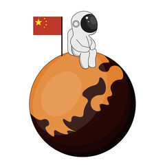 First on Mars. China Exploration Mars surface. Chinese astronaut on the Mars isolated white background. Perfect cosmic theme template design. Vector illustration. EPS 10