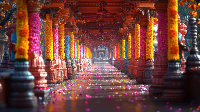 A Hindu temple archway framed by colorful decorations during a festival