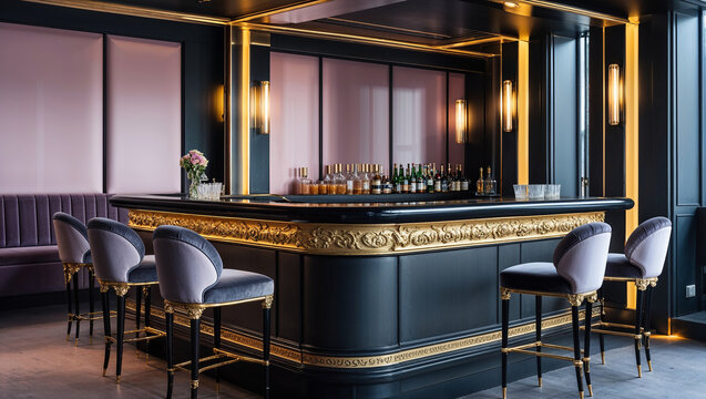 Luxurious empty bar counter with golden decorations and velvet stools