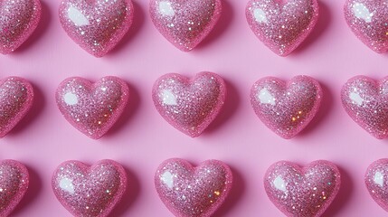 Fototapeta premium Iridescent glitter hearts on pink background, heart-shaped,copy