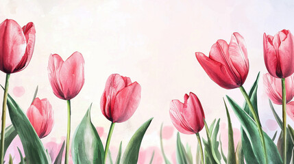 Fototapeta premium Elegant Watercolor Spring Flowers with Tulips and Floral Frame