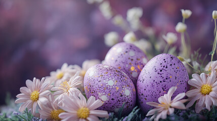 Obraz premium Festive purple Easter eggs surrounded by daisies in a serene spring setting
