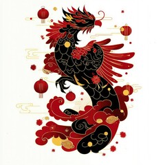 Obraz premium Majestic Chinese Phoenix in Red and Black with Lanterns and Clouds - Lunar New Year Illustration