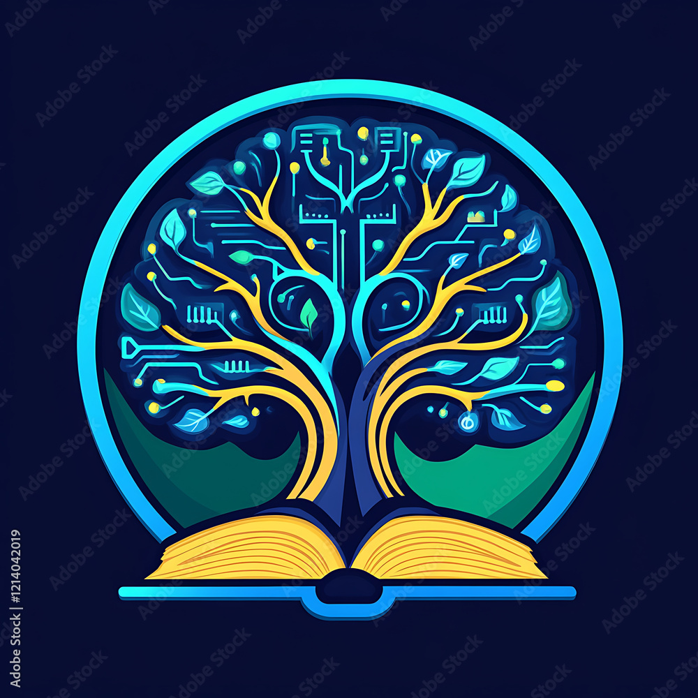 Aufkleber tree of knowledge with digital circuits and open book, symbolizing ai education and innovation