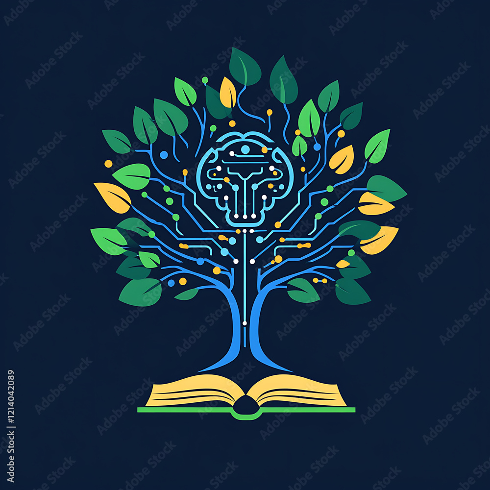 Poster vibrant tree with circuit like branches symbolizes fusion of nature and technology, representing ai 