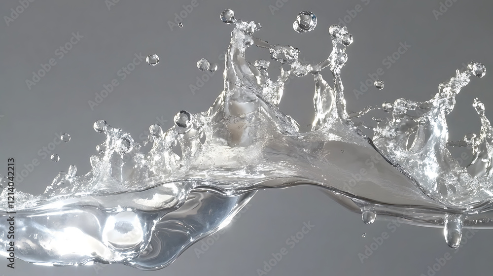 Poster macro shot of clear water splashing, creating dynamic shapes and droplets. image captures beauty and