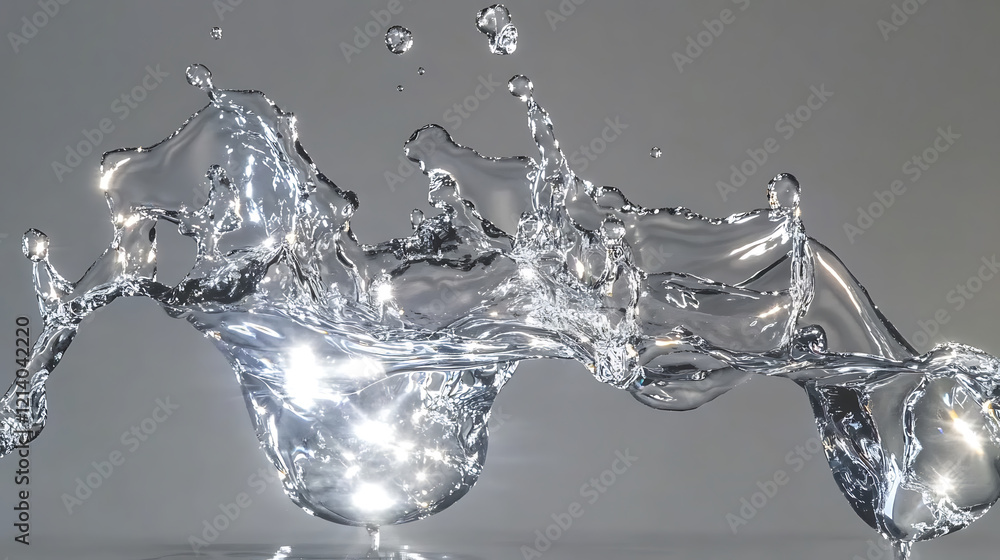 Poster macro shot of clear water splashing, creating dynamic shapes and reflections. image captures beauty 