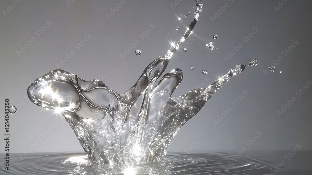 Poster macro shot of clear water splashing, creating beautiful droplets and reflections. dynamic movement c