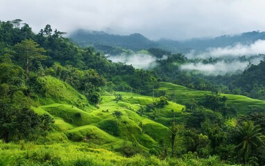 Obraz premium Lush Green Rice Terraces and Mountainous Jungle Landscape in Overcast Weather