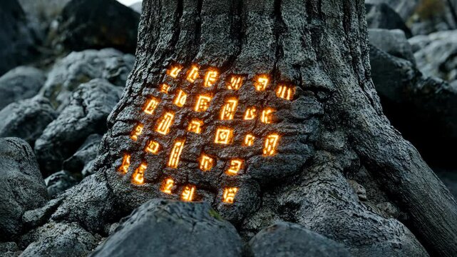 Ancient carved symbols glowing on a weathered tree trunk amidst dark rocky terrain