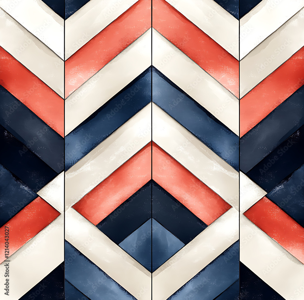 Poster simple pattern of isosceles triangles arranged in red, white, and blue colors creates striking visua