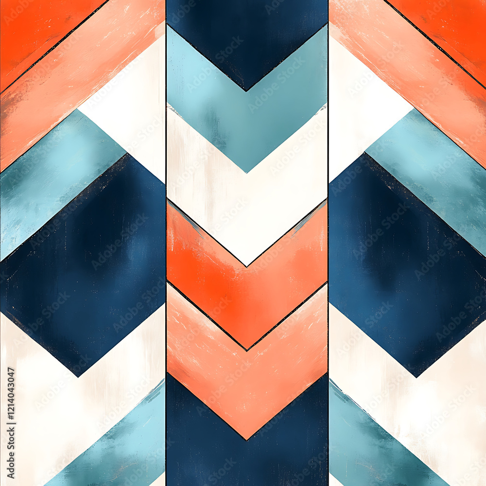 Poster vibrant pattern of isosceles triangles in blue, orange, and cream colors creates striking visual eff