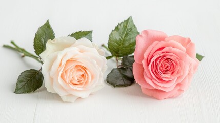 Fototapeta premium Two fresh roses in cream and pink hues lie on a white wooden surface in bright natural light.