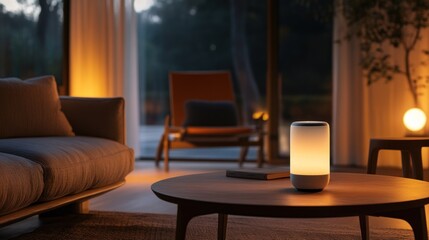 Smart lamp glows in modern living room at dusk