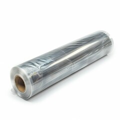 A roll of clear plastic wrap used for food preservation and storage. isolated on white background