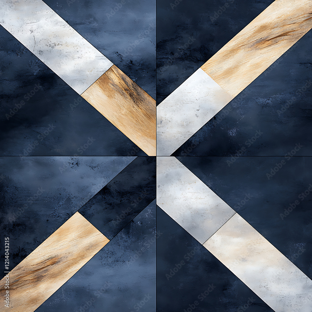 Poster abstract geometric pattern featuring interlocking shapes in dark tones and wood textures, creating m