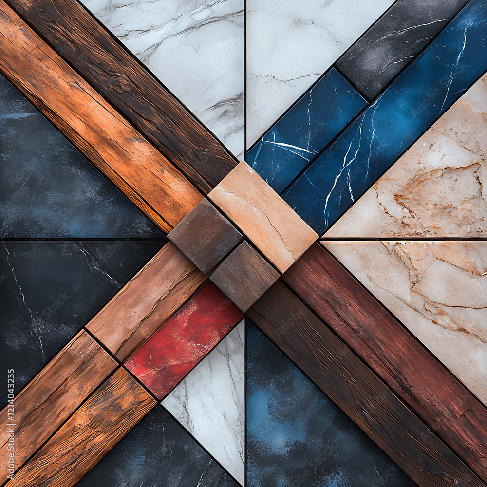 Poster geometric pattern of interlocking tiles with wood and marble textures, showcasing blend of colors an