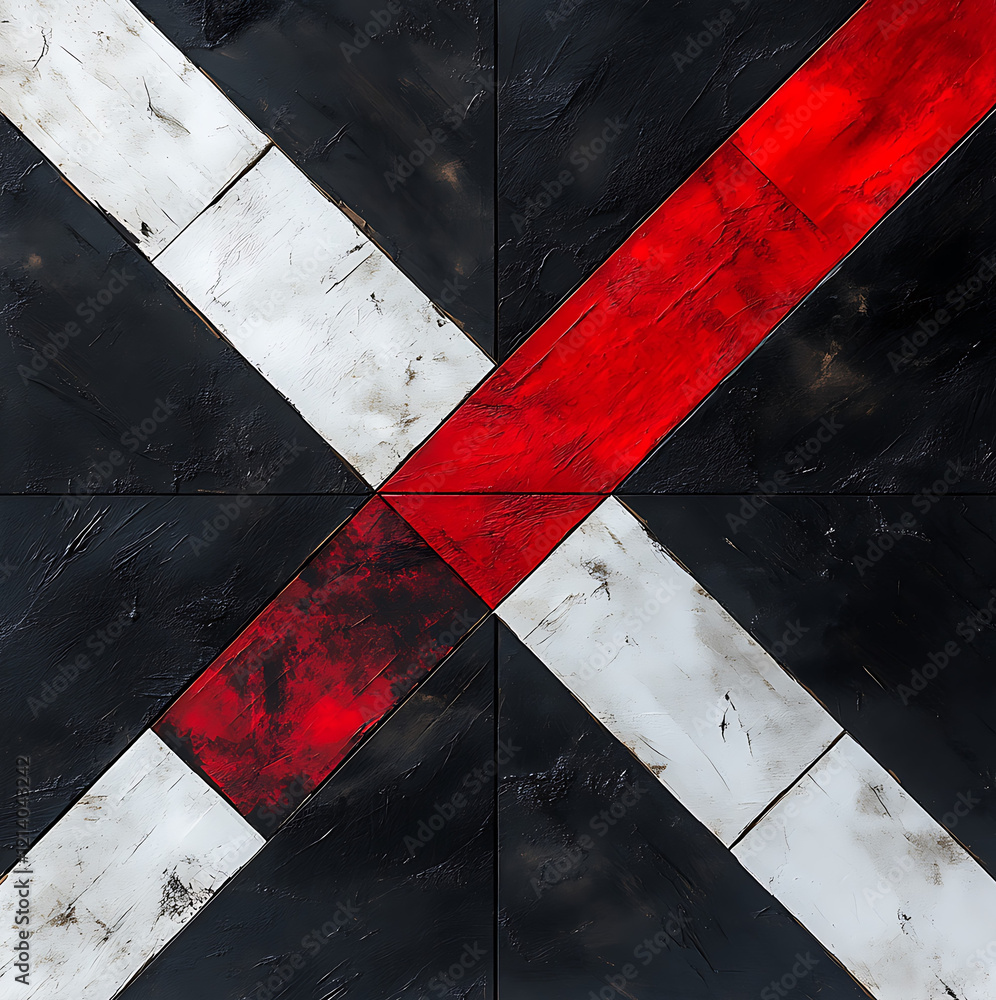 Poster abstract geometric pattern with interlocking shapes in black, white, and red. bold colors create str