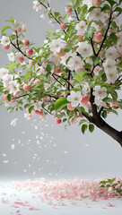 Fototapeta premium Blooming apple tree on a white background. Soft white and pink blossoms adorn the branches, with a few petals falling gently. Fresh green leaves add contrast, creating a bright springtime design.