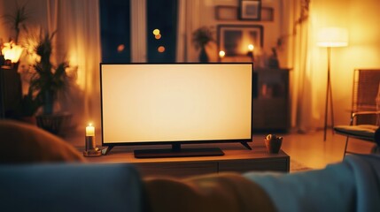 Cozy Evening at Home Blank Television Screen in Warm, Relaxing Interior with Candlelight and Soft Focus.