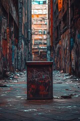 Fototapeta premium Gritty Urban Alleyway Graffiti Covered Walls and Weathered Metal Bin.