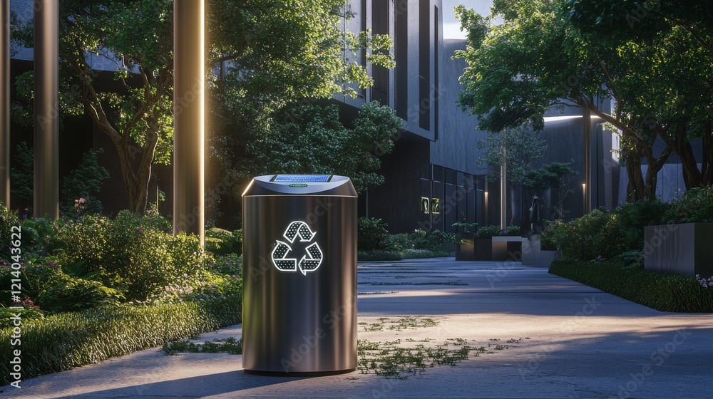 Poster a stainless steel recycling bin with a lit-up recycle symbol on the side stands on a paved walkway. 
