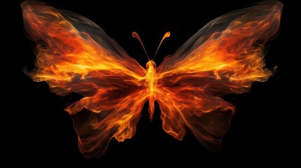 Fototapeta premium Firefly Butterfly: A vibrant and ethereal butterfly, with wings ablaze in fiery hues, takes flight against a dark backdrop, embodying transformation and the ephemeral beauty of nature. 