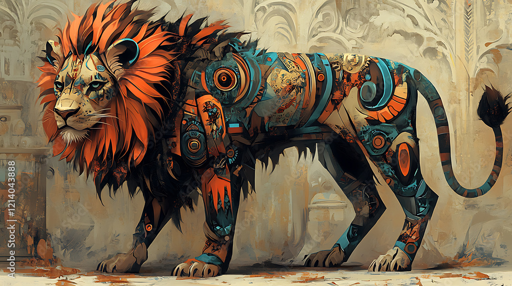 Poster imposing and futuristic lion with vibrant colors and intricate patterns, showcasing blend of nature 
