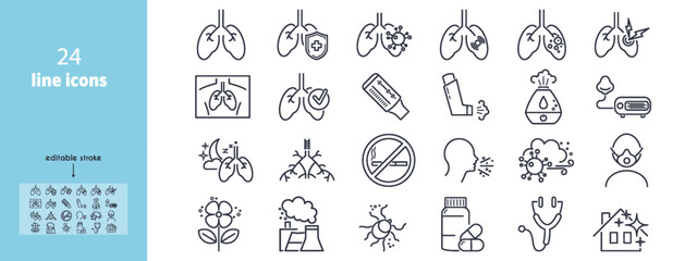 Asthma line icons set. Respiratory diseases, lungs, bronchi, spirometer, inhaler, allergens, x-ray, chest cavity, nibulizer, asthma attack vector illustration. Editable Strokes