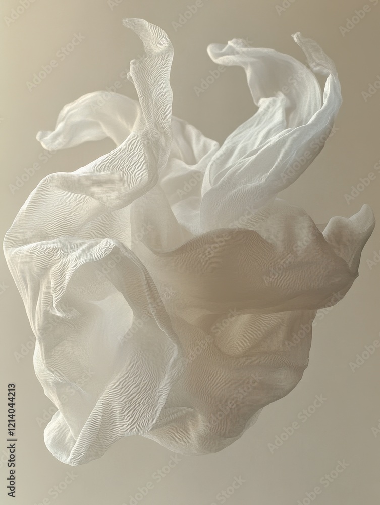 Poster abstract floating white fabric in motion on soft background, ethereal texture and light