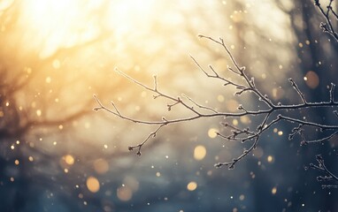 Frosty Winter Branches at Golden Hour with Bokeh Snowfall.