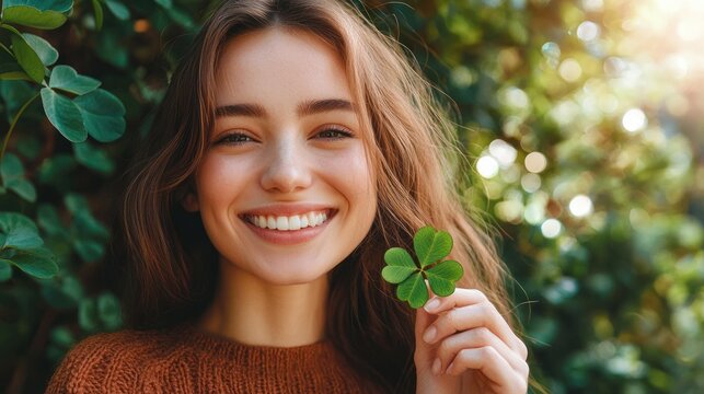 A woman smiling confidently with a four-leaf clover in her hand, feeling like the luckiest person.