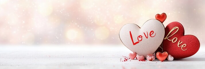 Valentine's day romantic background with sparkling hearts and love messages