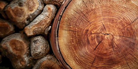 Naklejka premium Wine barrel lid showing growth rings and pile of logs