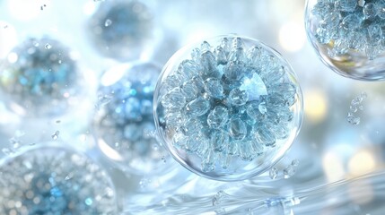 Microscopic view of blue and transparent spherical particles in a scientific environment