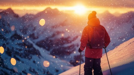 Naklejka premium A skier gazing at a sunrise from the top of a mountain, but their reflection in the snow is distorted and digitally enhanced with faint holographic patterns of stars
