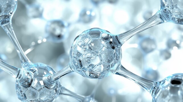 Molecular structure showcasing interconnected transparent spheres in a scientific environment