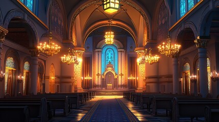 Obraz premium Un colorido interior de vidrieras de una antigua iglesia o catedral, con la luz del sol entrando por las ventanas y proyectando vibrantes patrones de luz en las paredes y el suelo