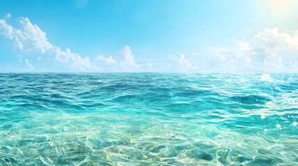 Breathtaking seascape with crystal clear turquoise ocean waves gently lapping against the horizon under a cloudless azure blue sky   a tranquil and relaxing natural scene perfect for travel