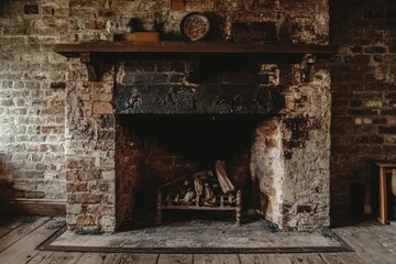Rustic brick fireplace with wood mantle and logs.