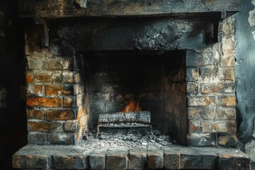 Fire burning in a brick fireplace with soot.