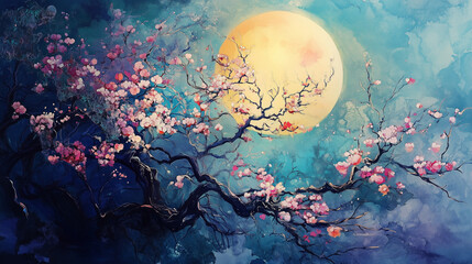 painting style illustration, full moon night shine over flower blossom tree with nature landscape