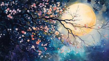Fototapeta premium painting style illustration, full moon night shine over flower blossom tree with nature landscape