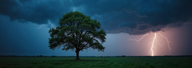 Lightning striking tree against dark stormy sky