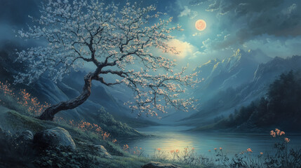 painting style illustration, full moon night shine over flower blossom tree with nature landscape