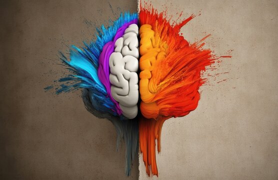 A creative illustration of two halves of a brain facing each other, one side is colorful and artistic
