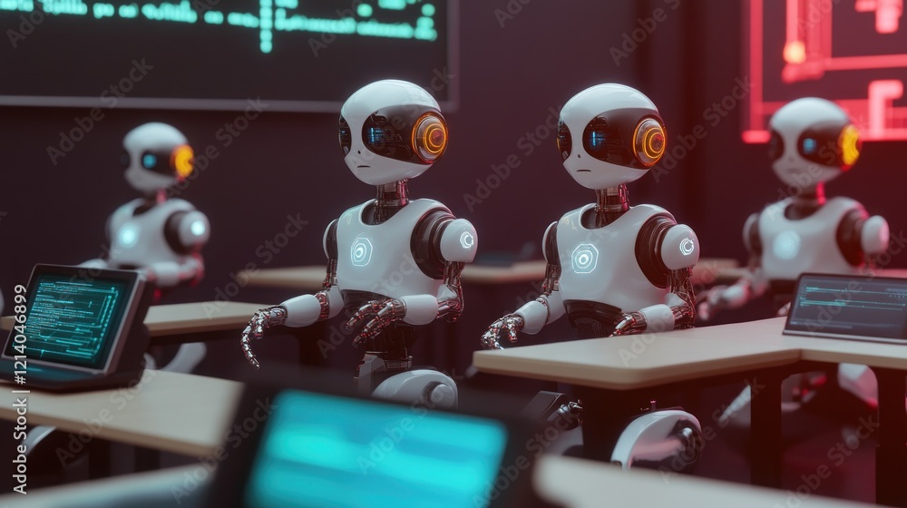 Poster robots learning coding in classroom, digital screen