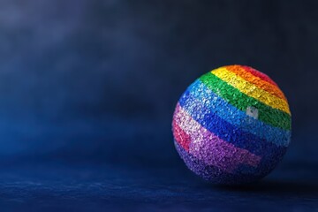 Colorful rainbow sphere celebrating diversity, inclusion for international day against homophobia, biphobia, transphobia. Horizontal banner. Copy space. Globe in colors of LGBT flag on blue background